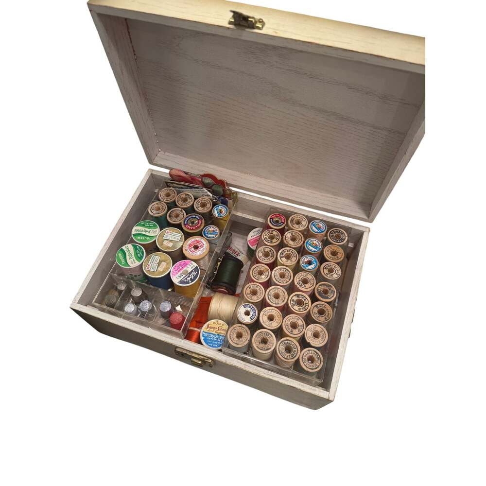Vintage Wooded Sewing Box Full Of Miscellaneous Materials